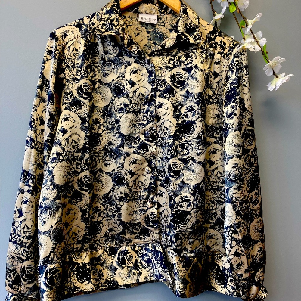 Russ Vintage Blouse Black & Gold Long Sleeves Union Tags Size 10/Medium [S]